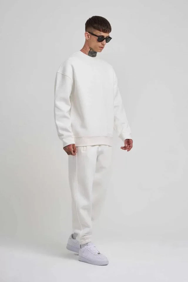 Unisex Biskilet Yaka Üç İplik SweatShirt - Beyaz (129431)