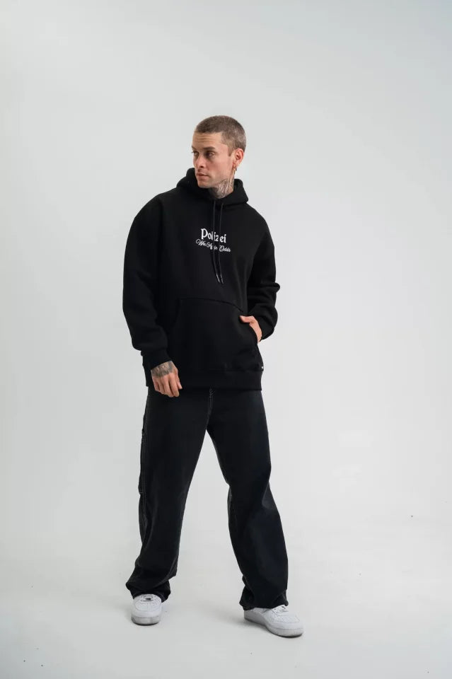 POLIZEI Premium Kalite Kapşonlu Dijital Patchli SweatShirt - Siyah (129438)