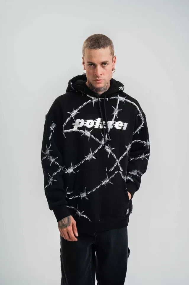 POLIZEI Premium Kalite Kapşonlu Varak Ve Pano Baskılı SweatShirt - Siyah (129631)