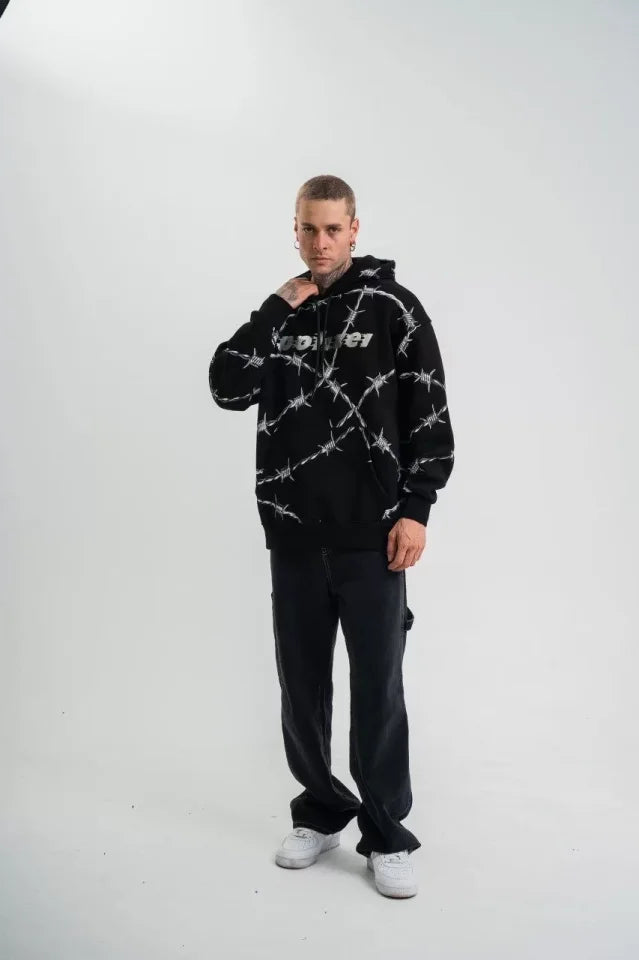 POLIZEI Premium Kalite Kapşonlu Varak Ve Pano Baskılı SweatShirt - Siyah (129631)