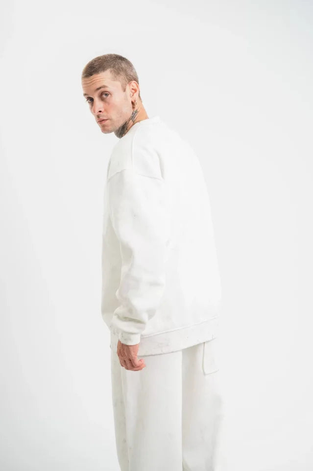 Unisex Uzun Kol Bisiklet Yaka Yıkamalı SweatShirt - Beyaz (130421)