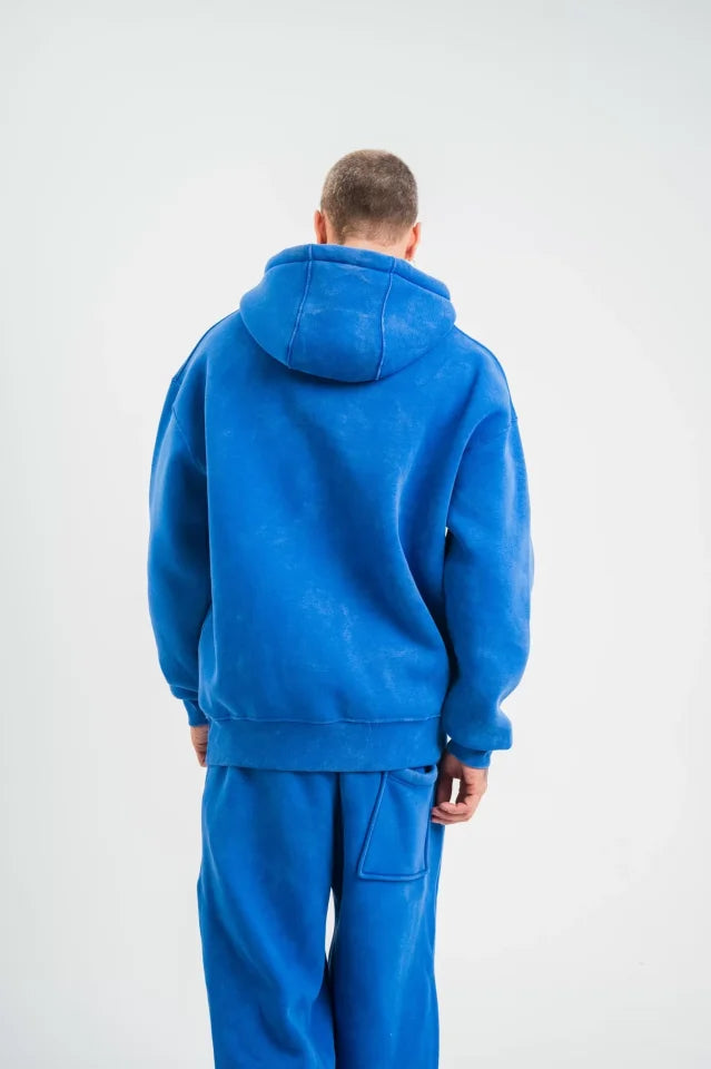 Unisex Double Oversize Kapşonlu Yıkamalı SweatShirt - Mavi (130422)