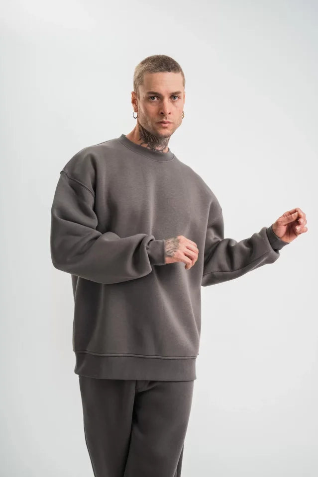 Uzun Kol Bisiklet Yaka Basic SweatShirt - Füme (130432)