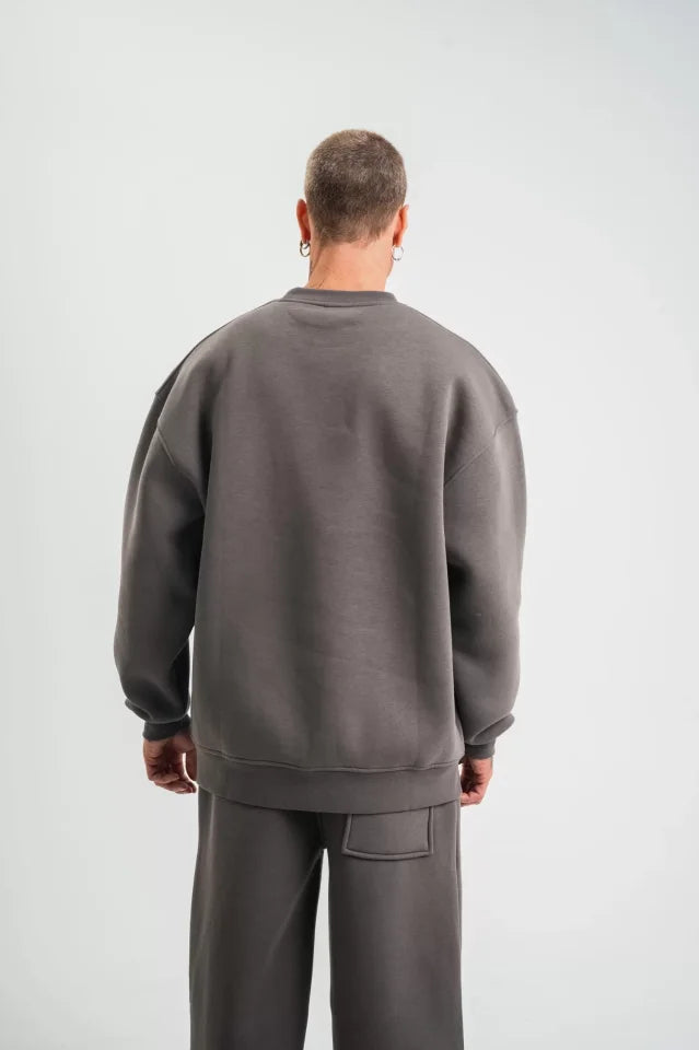 Uzun Kol Bisiklet Yaka Basic SweatShirt - Füme (130432)