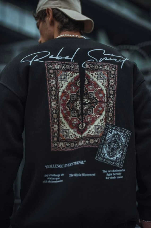 Uzun Kol Bisiklet Yaka Baskılı SweatShirt - Siyah (130904)