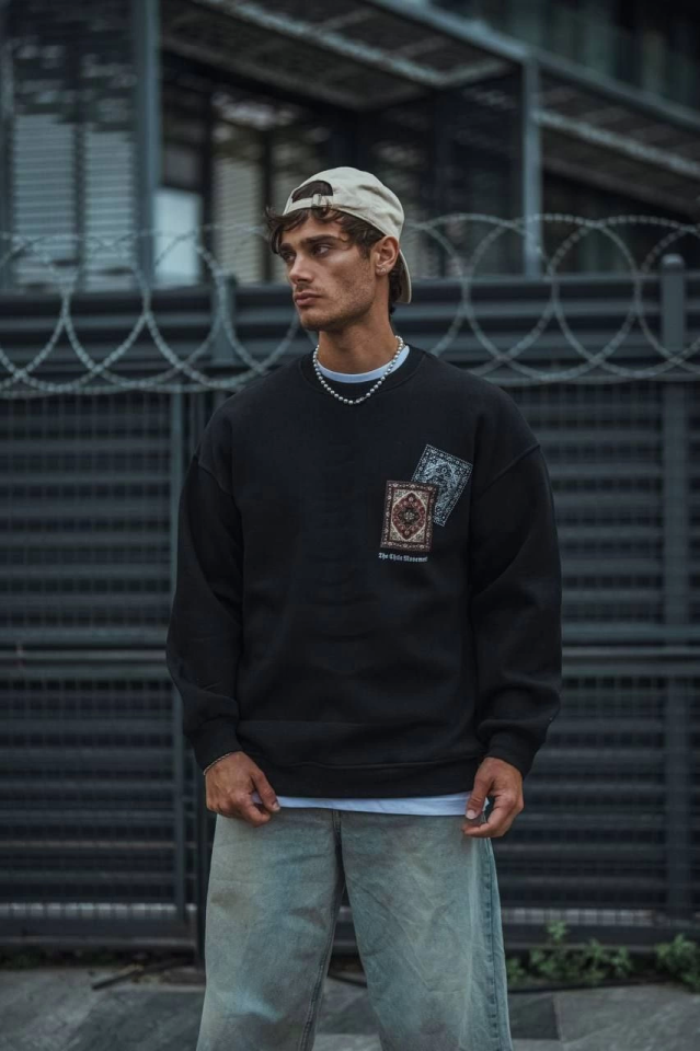 Uzun Kol Bisiklet Yaka Baskılı SweatShirt - Siyah (130904)