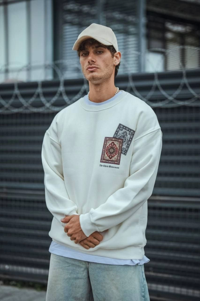 Uzun Kol Bisiklet Yaka Baskılı SweatShirt - Beyaz (130905)