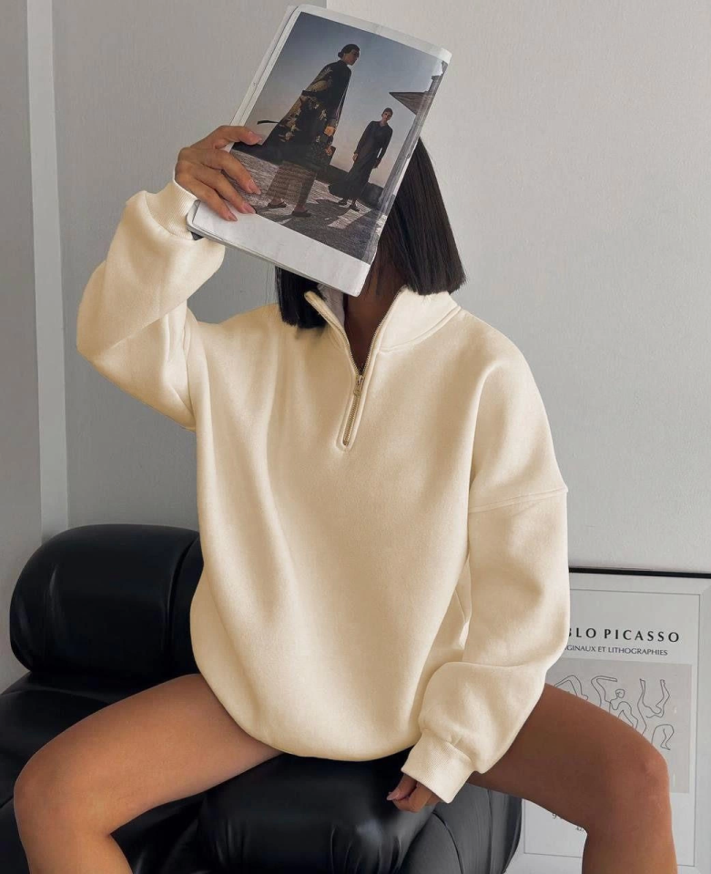 Yarım Fermuarlı Üç İplik Sweatshirt - Bej (131060)