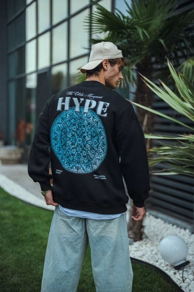 Üç İplik Bisiklet Yaka Baskılı SweatShirt - Siyah (131071)