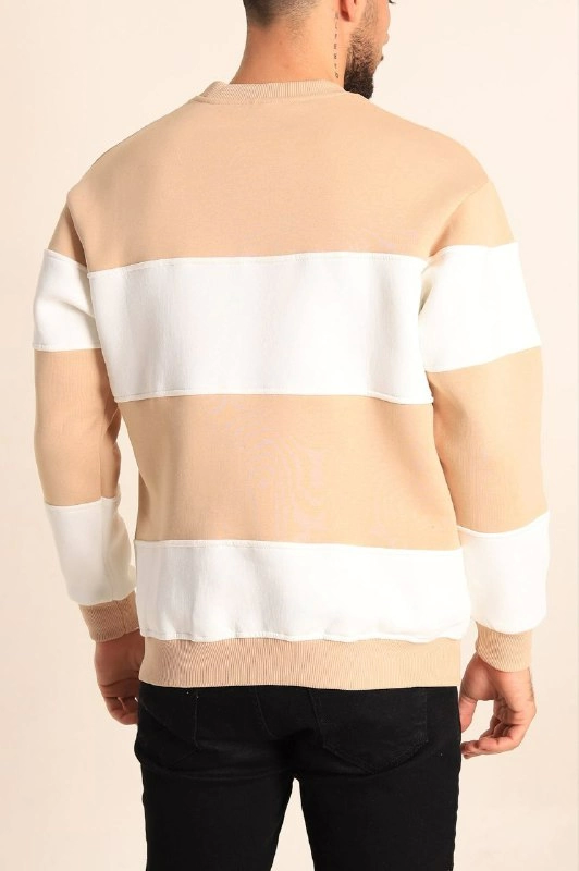 Parçalı Bisiklet Yaka Baskılı SweatShirt - Bej (131084)