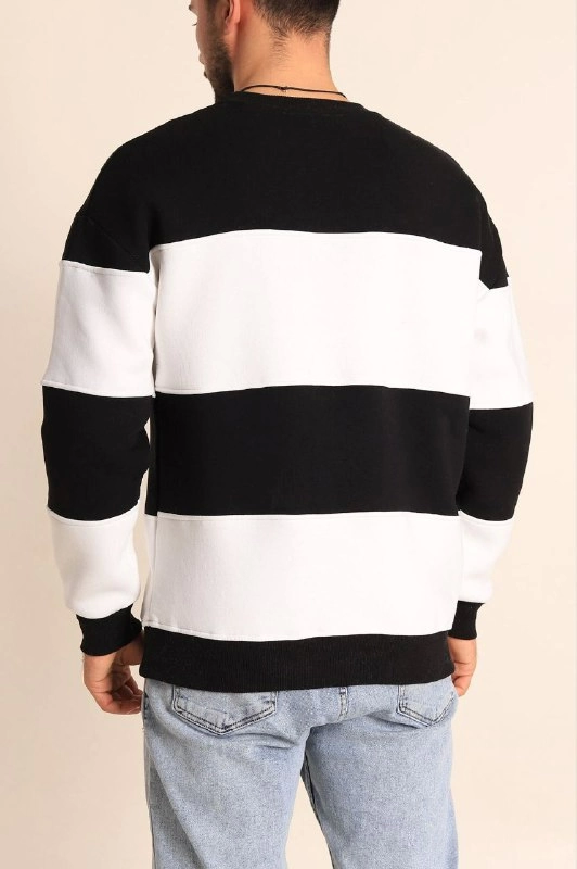 Parçalı Bisiklet Yaka Baskılı SweatShirt - Siyah (131085)