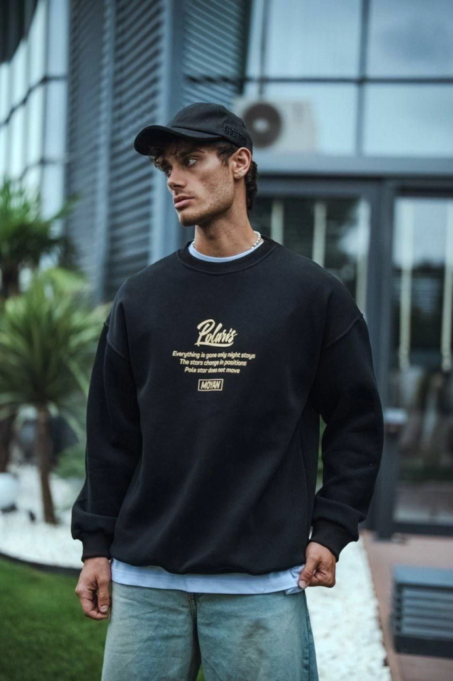 Kışlık Bisiklet Yaka Ön Ve Arka Baskılı SweatShirt - Siyah (131228)