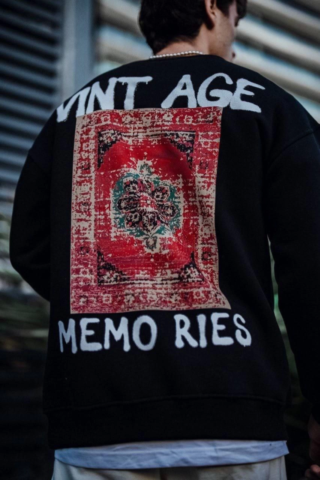 Oversize Bisiklet Yaka Üç İplik Baskılı SweatShirt - Siyah (131232)