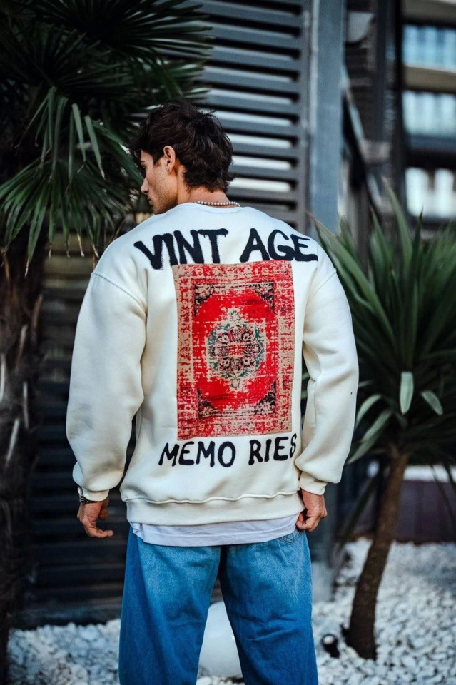 Oversize Bisiklet Yaka Üç İplik Baskılı SweatShirt - Beyaz (131233)