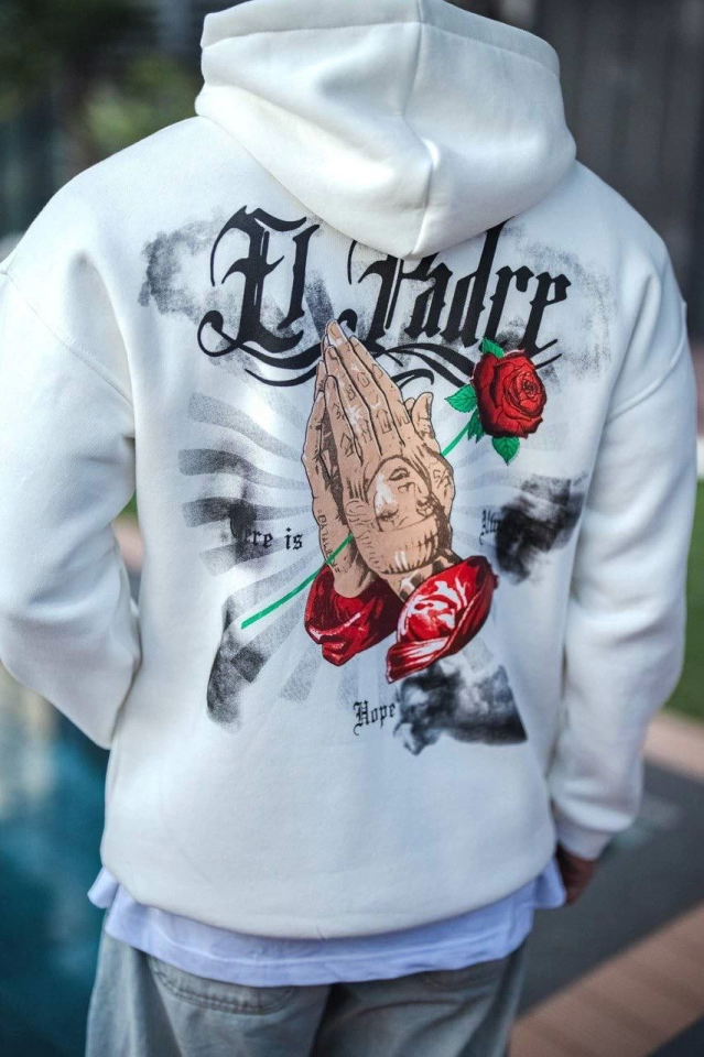 Üç İplik Penye Kapşonlu Baskılı SweatShirt - Beyaz (131234)