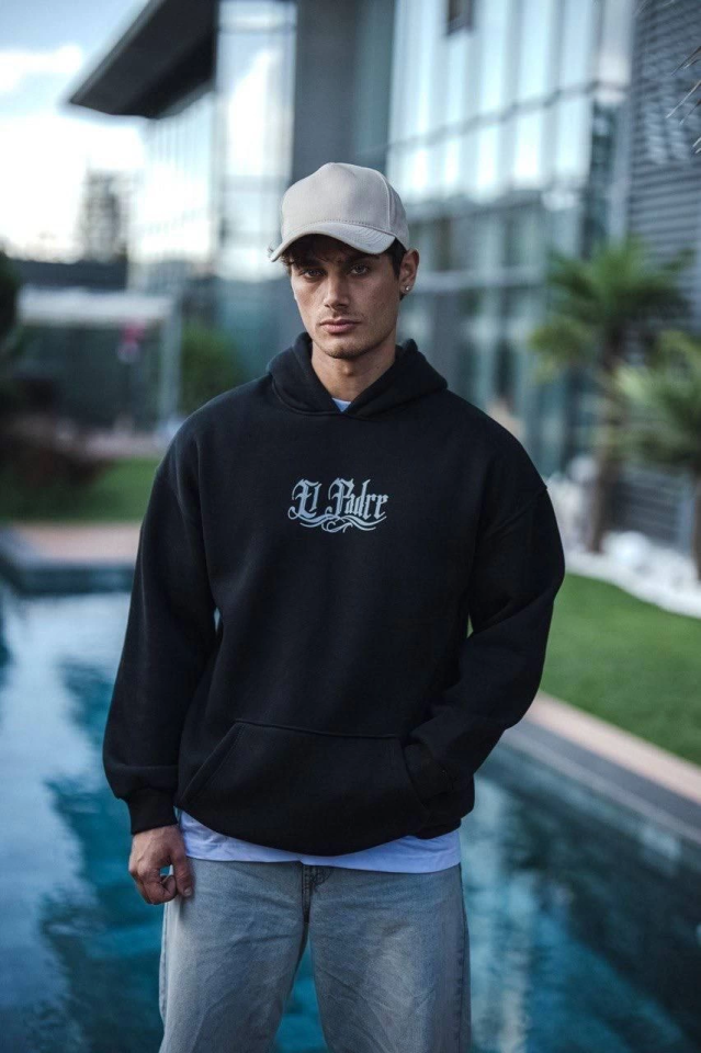 Üç İplik Penye Kapşonlu Baskılı SweatShirt - Siyah (131235)