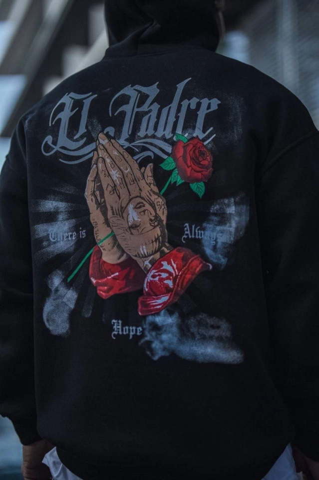Üç İplik Penye Kapşonlu Baskılı SweatShirt - Siyah (131235)