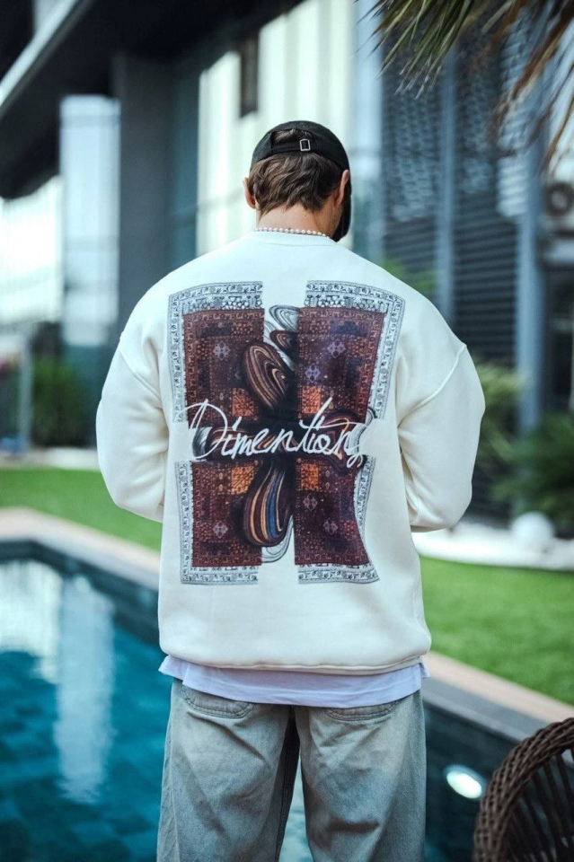 Uzun Kol Bisiklet Yaka Ön Ve Arka Baskılı SweatShirt - Beyaz (131236)