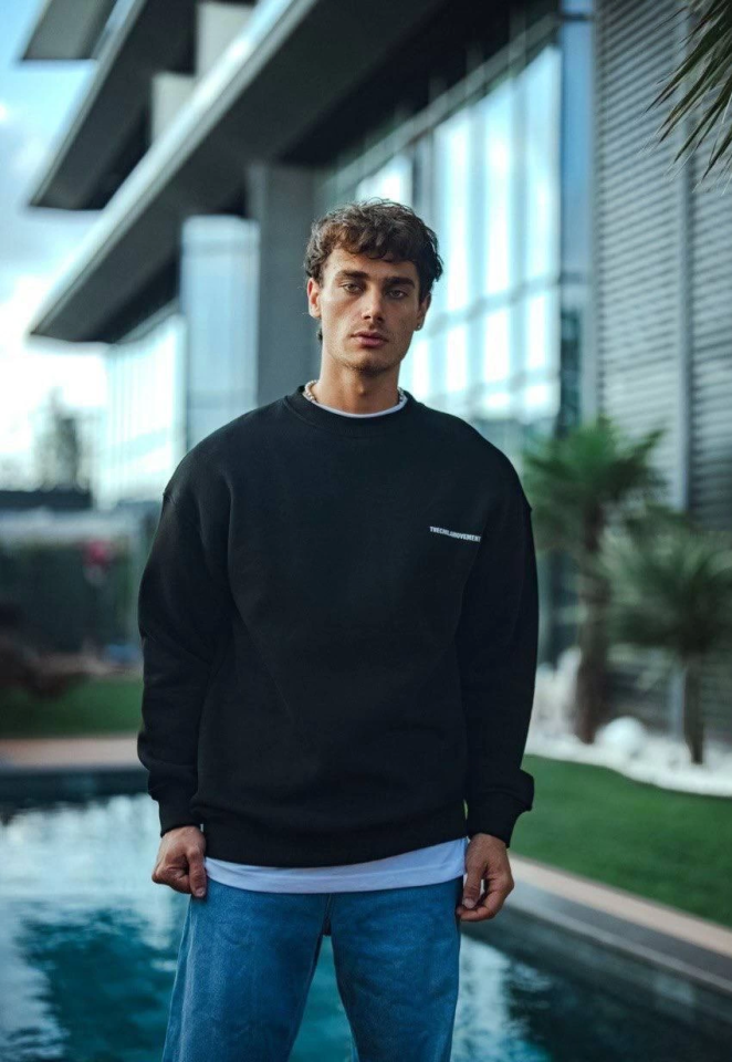 Kışlık Bisiklet Yaka Oversize Baskılı SweatShirt - Siyah (131239)