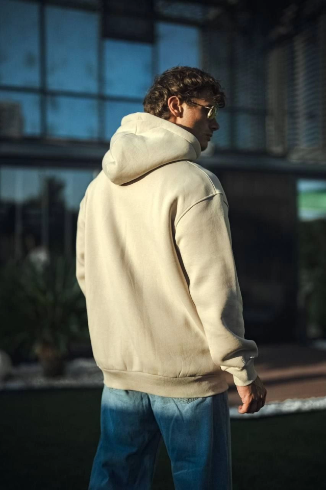 Üç İplik Penye Kapşonlu Basic SweatShirt - Bej (131349)