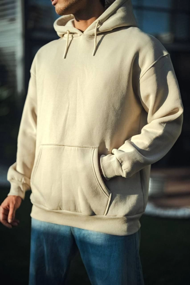 Üç İplik Penye Kapşonlu Basic SweatShirt - Bej (131349)
