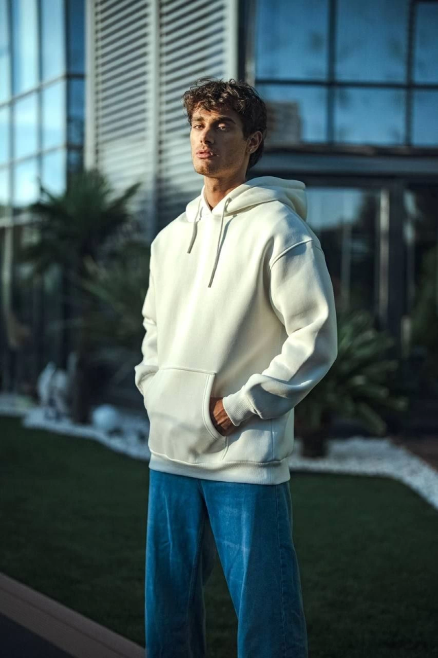 Üç İplik Penye Kapşonlu Basic SweatShirt - Beyaz (131351)