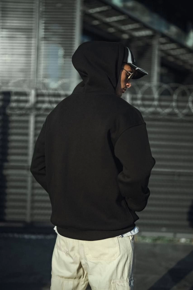 Üç İplik Penye Kapşonlu Basic SweatShirt - Siyah (131352)