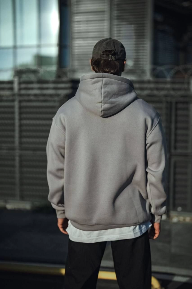 Üç İplik Penye Kapşonlu Basic SweatShirt - Boyalı Gri (131353)