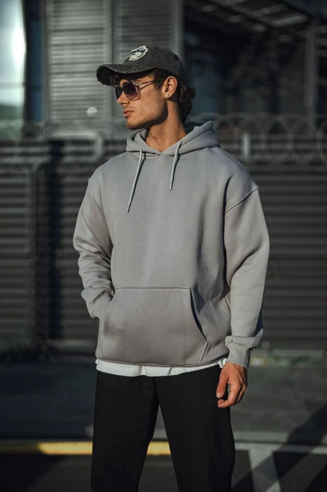 Üç İplik Penye Kapşonlu Basic SweatShirt - Boyalı Gri (131353)