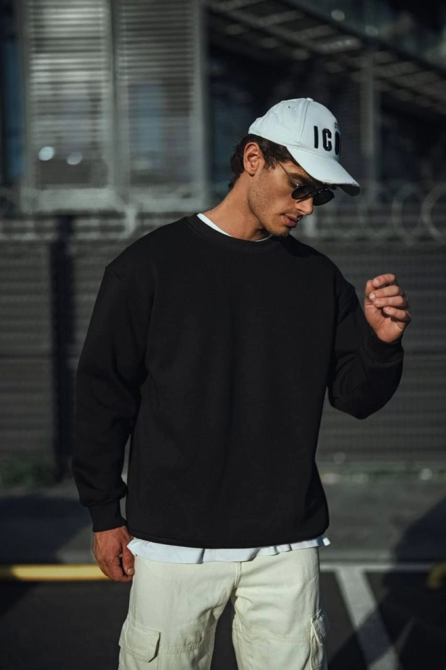 Kışlık Bisiklet Yaka Üç İplik Basic SweatShirt - Siyah (131355)
