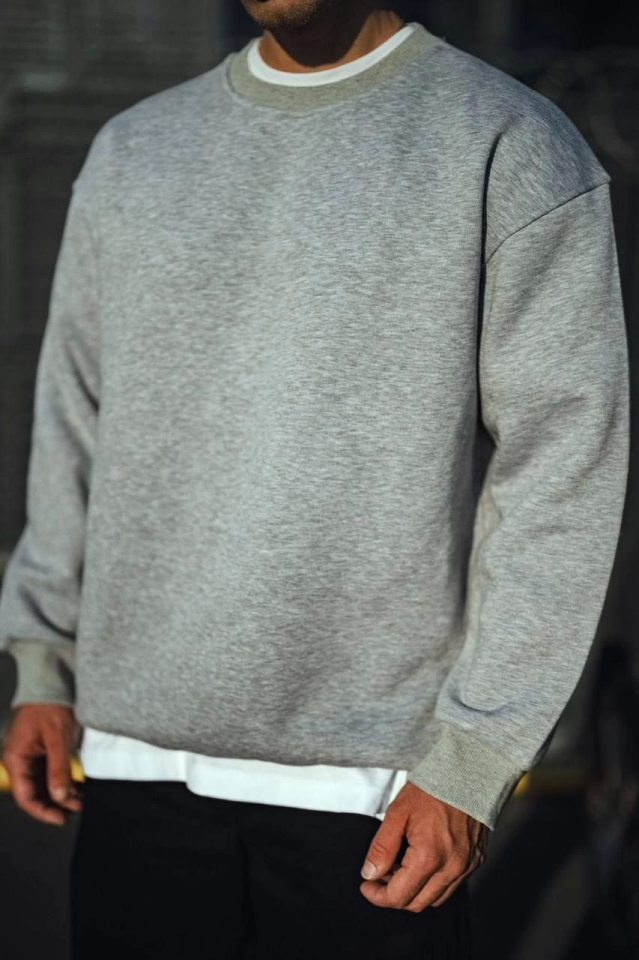 Kışlık Bisiklet Yaka Üç İplik Basic SweatShirt - Gri (131358)