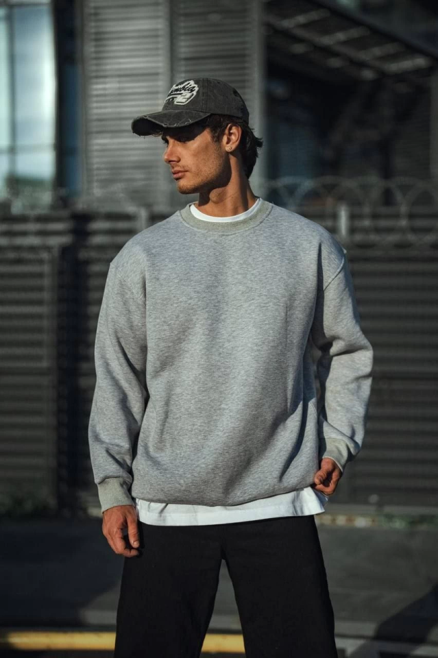 Kışlık Bisiklet Yaka Üç İplik Basic SweatShirt - Gri (131358)