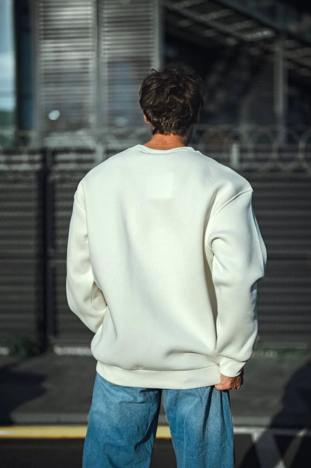 Kışlık Bisiklet Yaka Üç İplik Basic SweatShirt - Beyaz (131360)