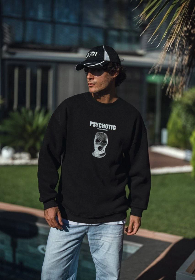 Kışlık Bisiklet Yaka Baskılı SweatShirt - Siyah (131362)