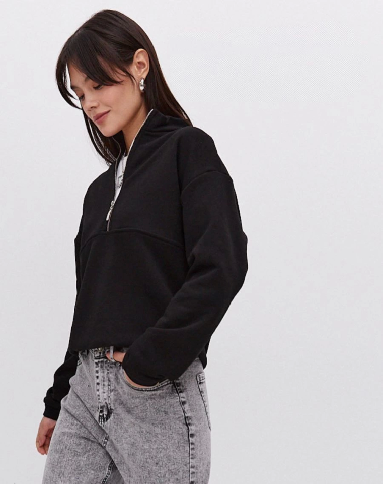 Oversize Yarım Farmuarlı Yakalı Basic SweatShirt - Siyah (131431)