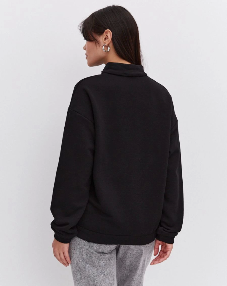 Oversize Yarım Farmuarlı Yakalı Basic SweatShirt - Siyah (131431)