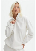 Unisex Uzun Kol Yarım Farmuarlı Yakalı Basic SweatShirt - Beyaz (131436)
