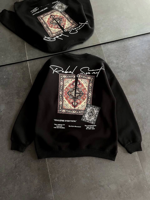 Bisiklet Yaka Baskılı SweatShirt - Siyah (131440)