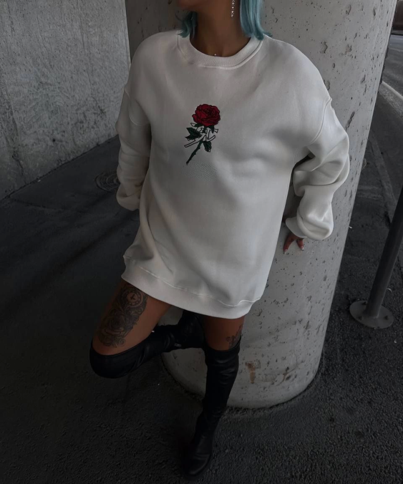 Oversize Üç İplik Bisiklet Yaka Baskılı SweatShirt - Beyaz (131575)