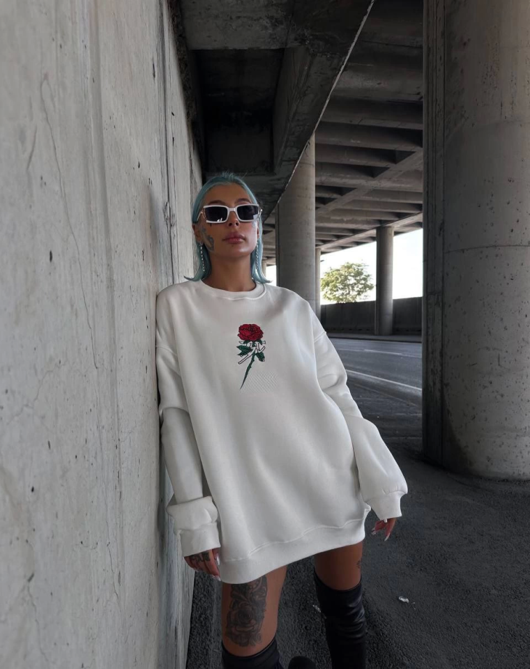 Oversize Üç İplik Bisiklet Yaka Baskılı SweatShirt - Beyaz (131575)