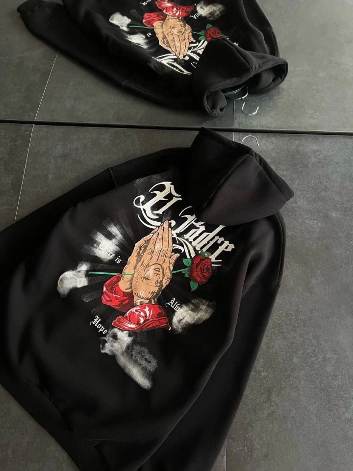 Üç İplik Penye Uzun Kol Kapşonlu Baskılı SweatShirt - Siyah (131700)