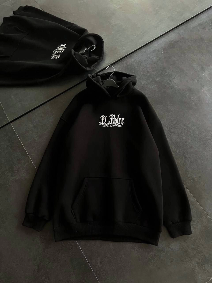 Üç İplik Penye Uzun Kol Kapşonlu Baskılı SweatShirt - Siyah (131700)