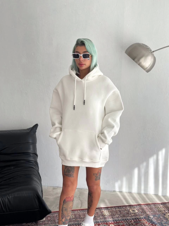 Kapşonlu Üç İplik Penye Basic SweatShirt - Beyaz (131803)