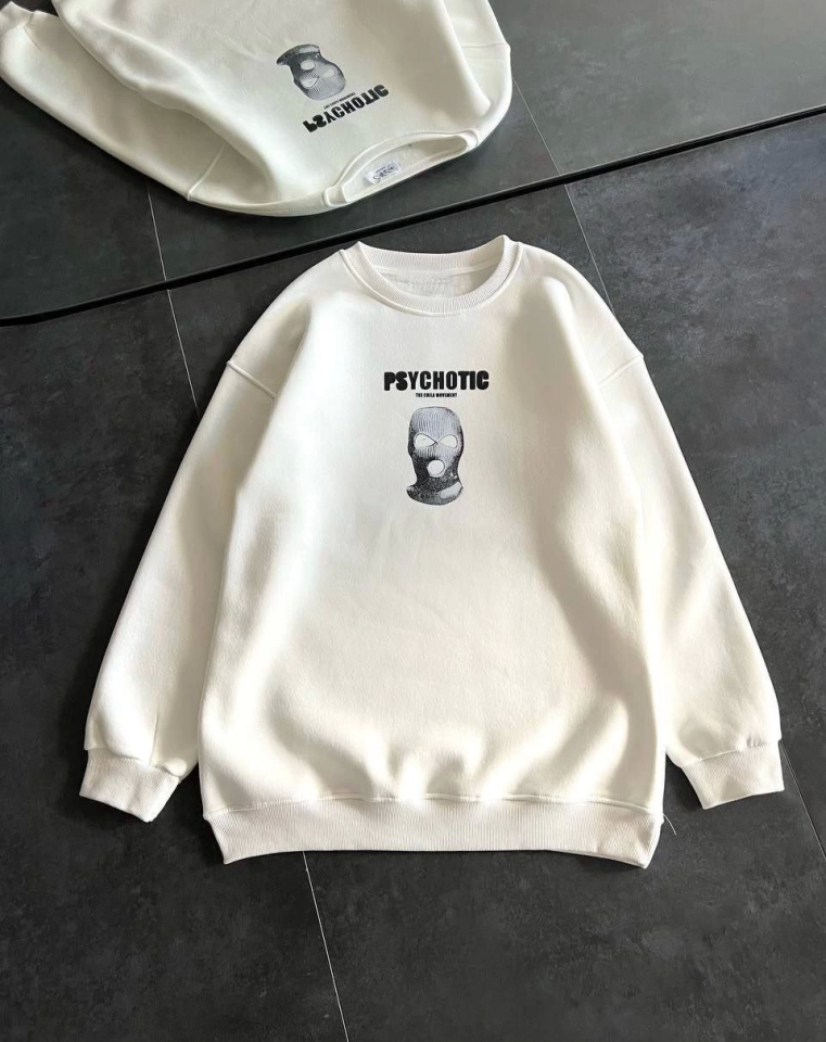 Kışlık Bisiklet Yaka Baskılı SweatShirt - Beyaz (131880)
