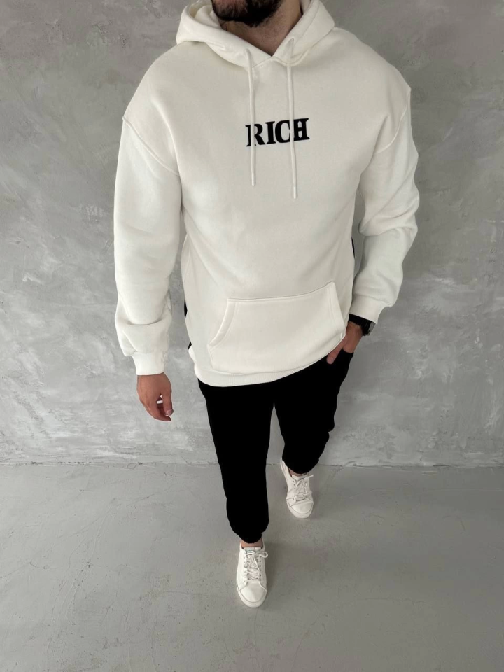 Uzun Kol Kapşonlu Göğüs Baskılı SweatShirt - Beyaz (131882)