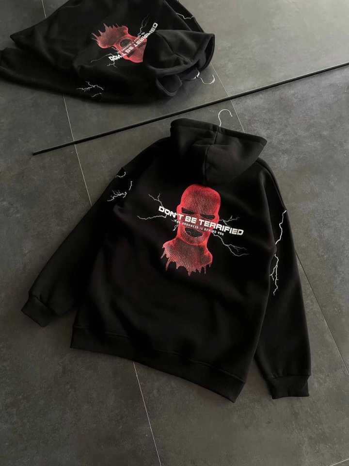 Üç İplik Kapşonlu Baskılı Oversize SweatShirt- Siyah (131958)
