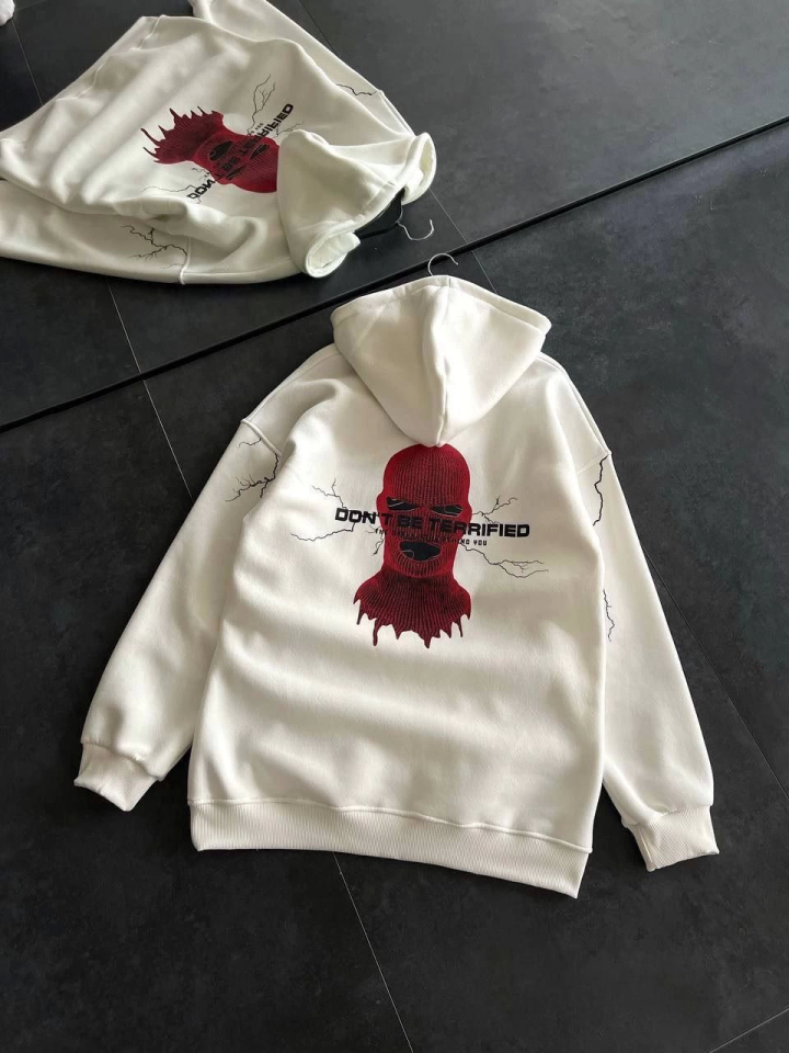 Üç İplik Kapşonlu Baskılı Oversize SweatShirt- Beyaz (131959)