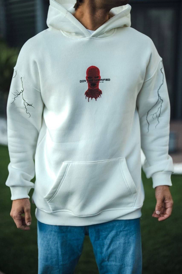 Üç İplik Kapşonlu Baskılı Oversize SweatShirt- Beyaz (132027)