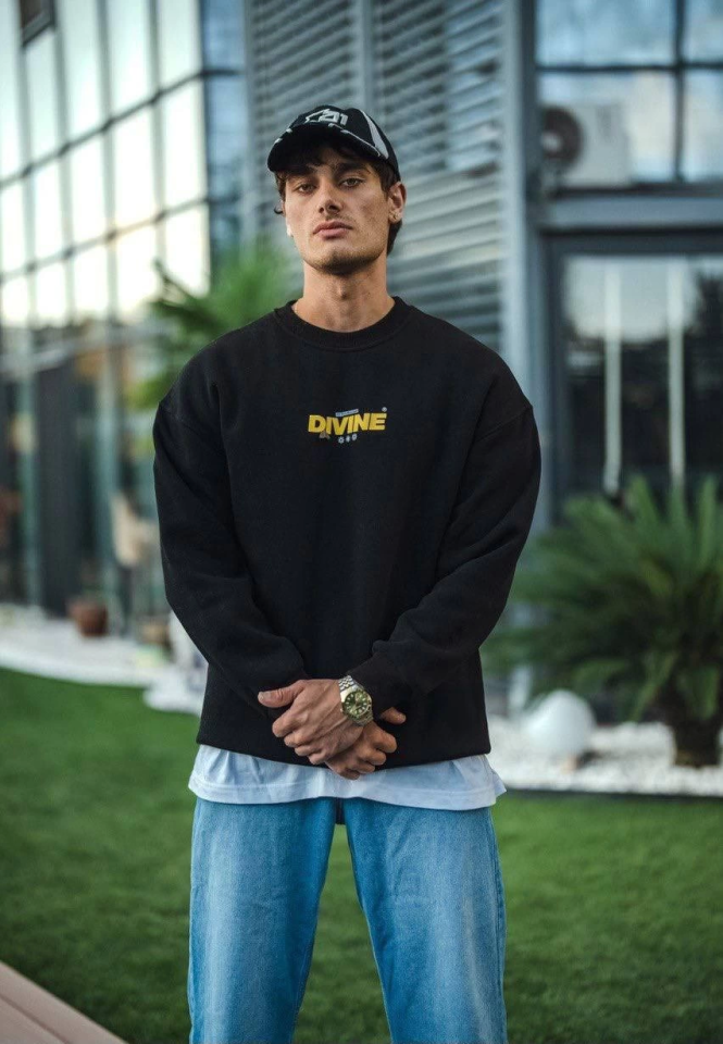Kışlık Bisiklet Yaka Baskılı SweatShirt - Siyah (132030)