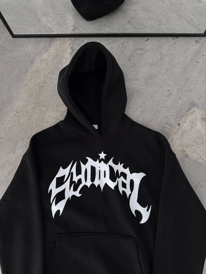 Üç İplik Kapşonlu Baskılı Oversize SweatShirt- Siyah (132929)
